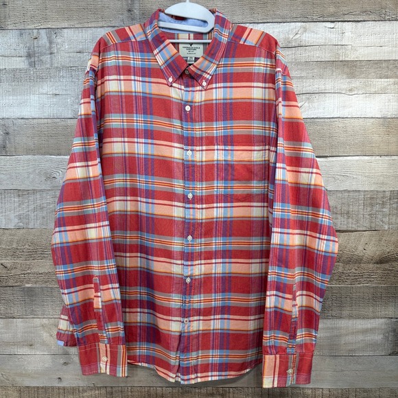 American Eagle Outfitters Other - American Eagle Mens XXL Classic Fit Plaid Button Down Shirt Coral Blue Orange